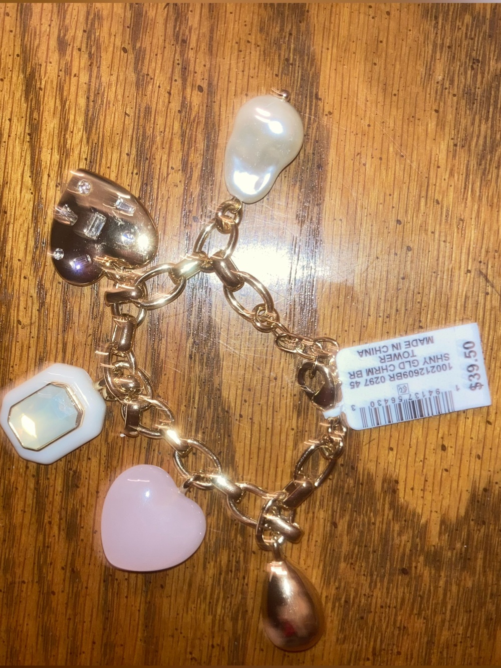 ON 34th Charm Bracelet Fold Link with Pink Heart and Pearl Charms. NWT